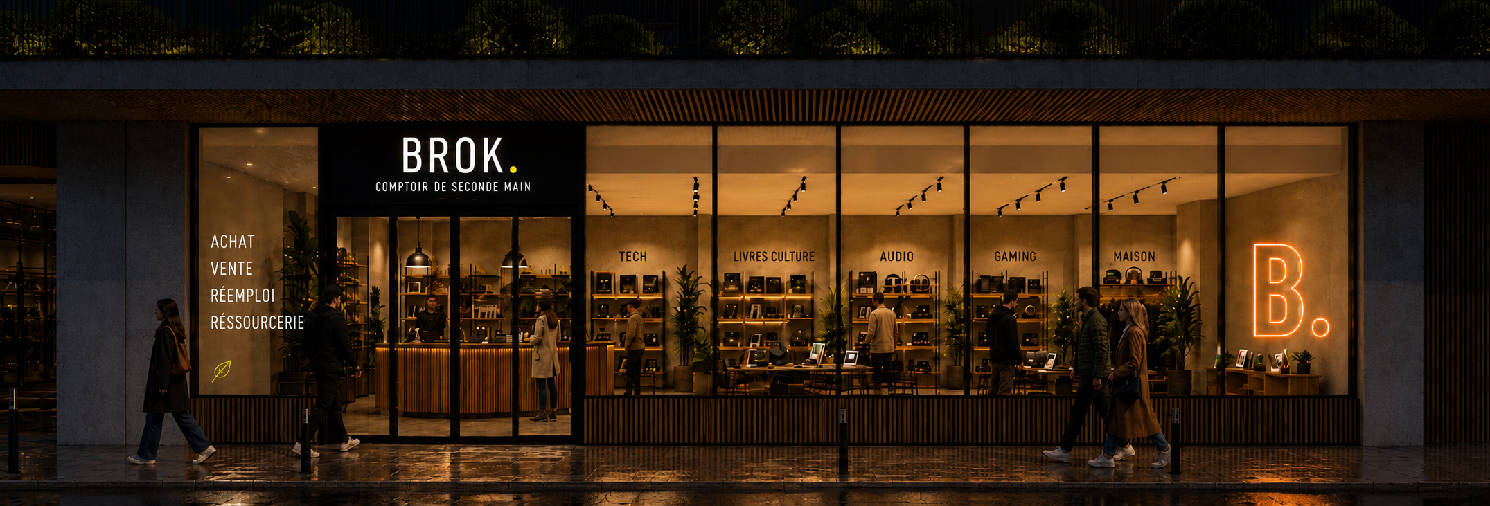 Façade BROK. de nuit — vitrines éclairées, vitrine permanente sur la rue de Bercy